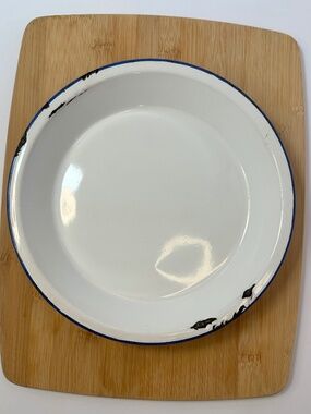 Vintage Peacock Enamel Plate White Blue Rim 9.5” Rustic Farmhouse Decor